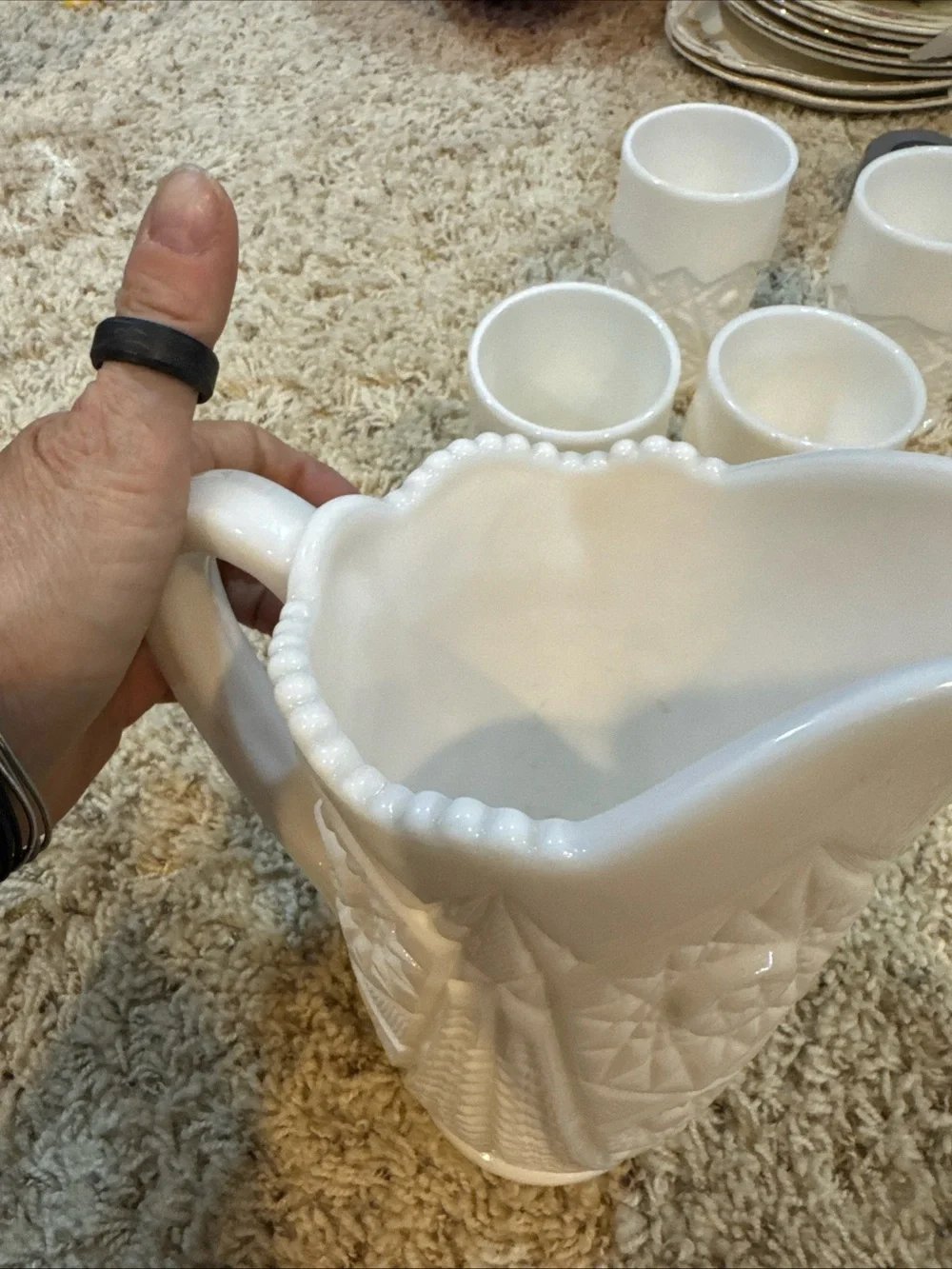 White Milk Glass Pitcher and Tumbler Set - Elegant Embossed Pattern